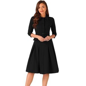 Business Skirt Suit Sets for 2 Piece Jacket Pleated Skirts Black